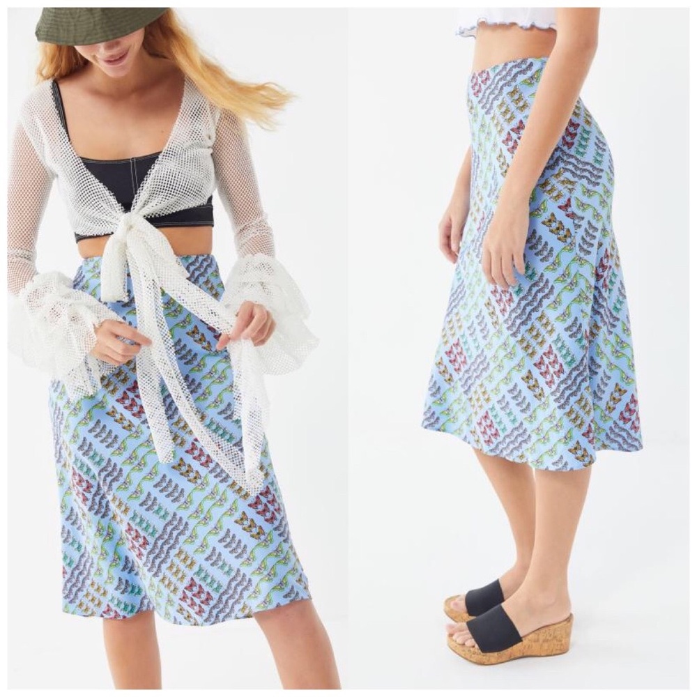 Urban Outfitters || Beautiful Blue Butterfly Print Satin Midi Skirt Size…